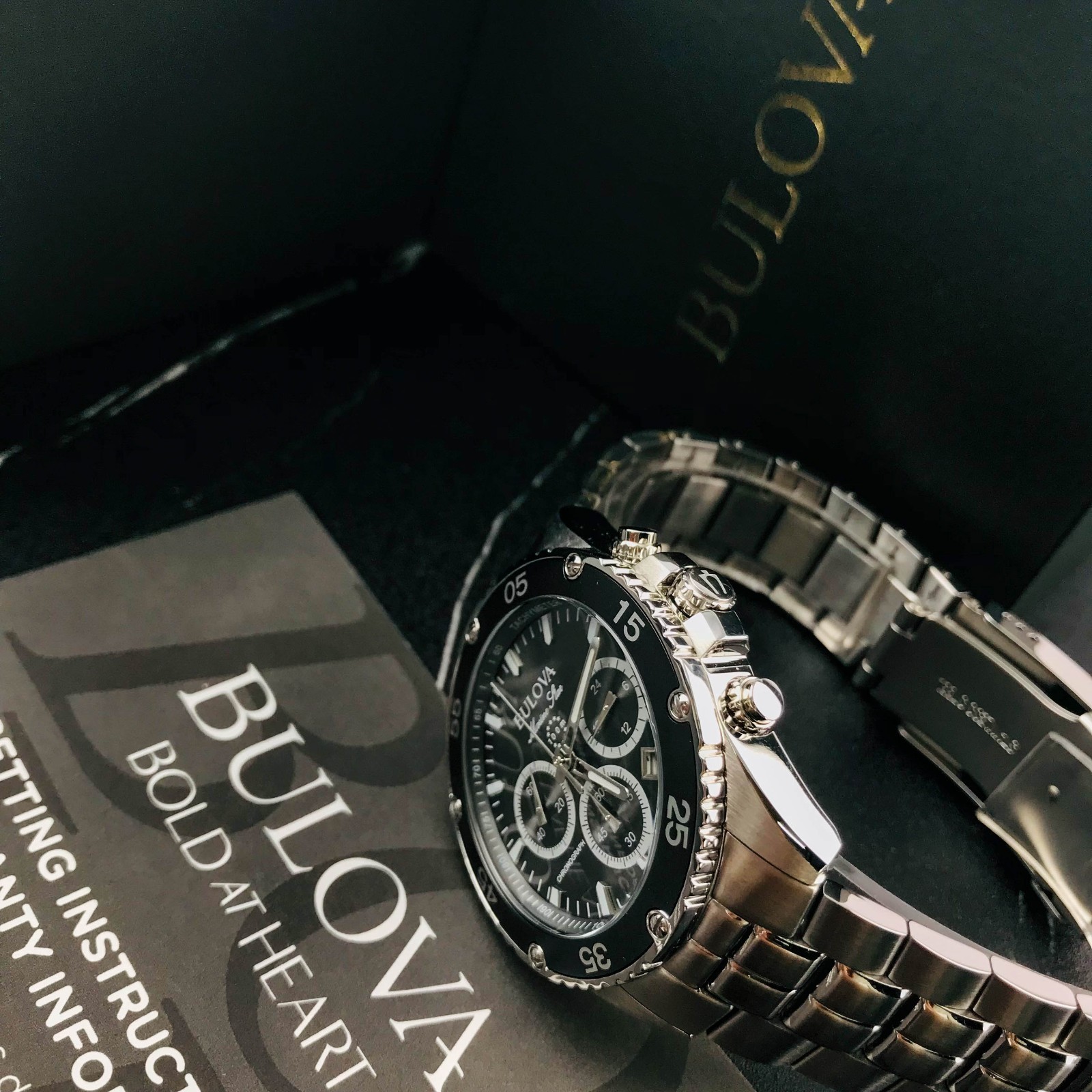 Bulova 98B401 Men’s Marine Star Quartz Chronograph Black Dial Steel Watch 41.5mm
