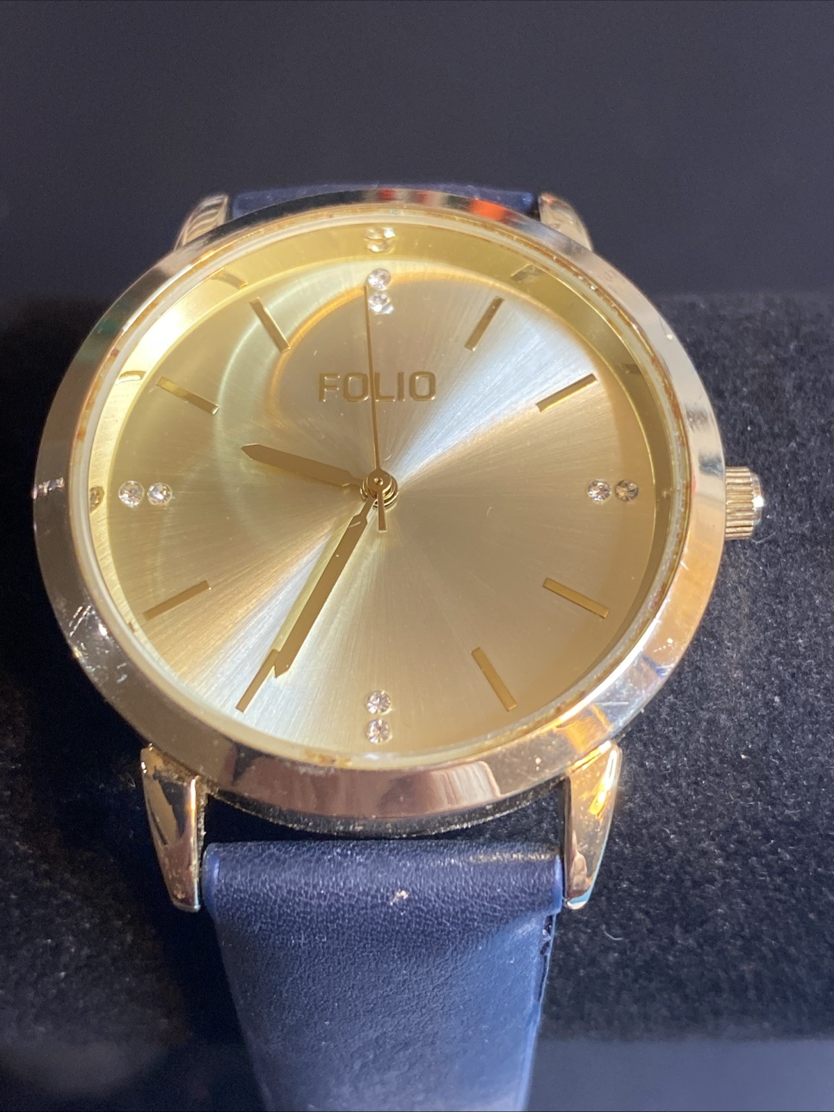 Folio Gold Tone Faux Leather Band Gemmed Men’s Watch New Battery