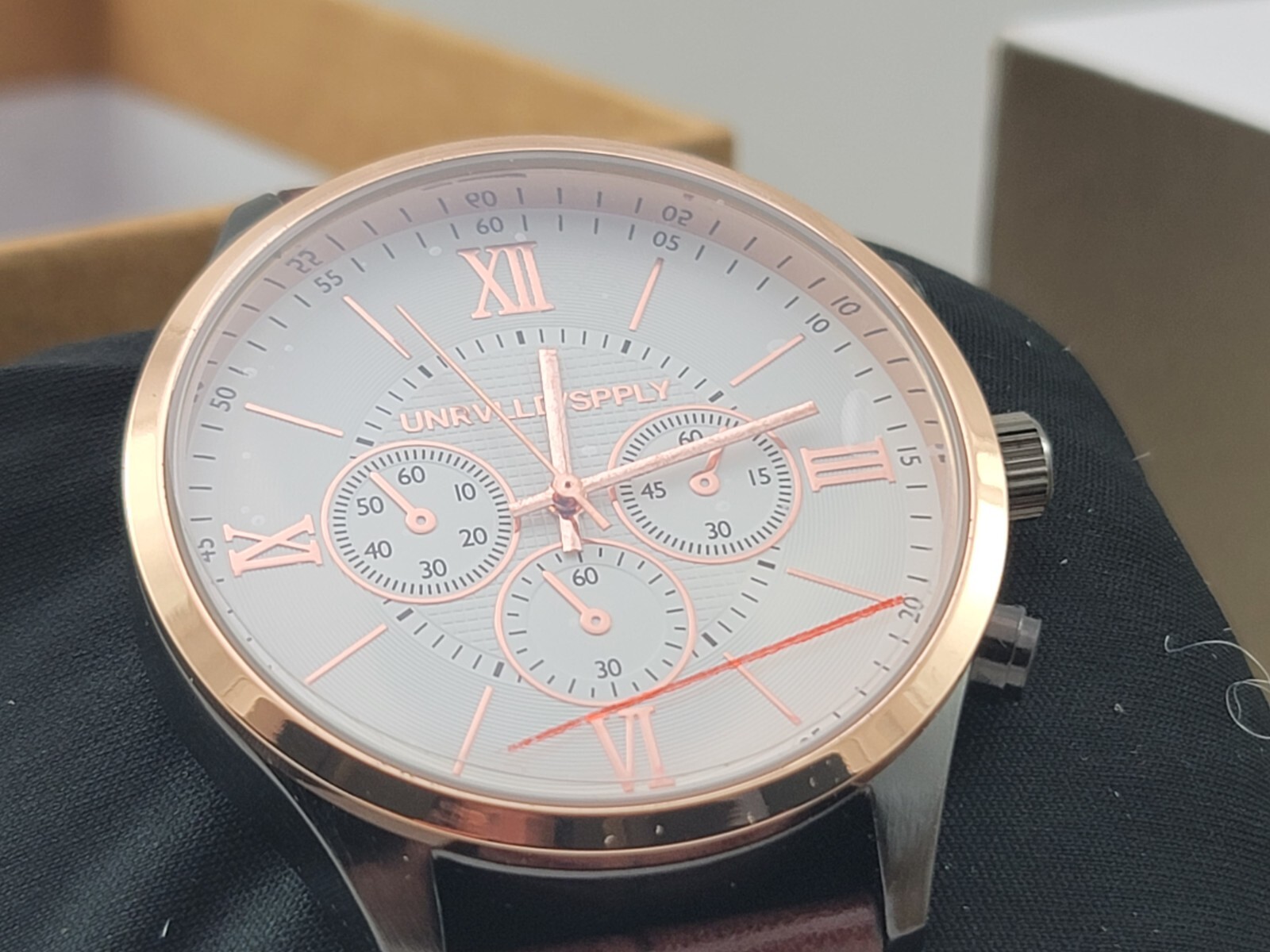Unrvlld/Spply Watch by ASOS White, 42mm Rose Gold, Brown Leather Strap