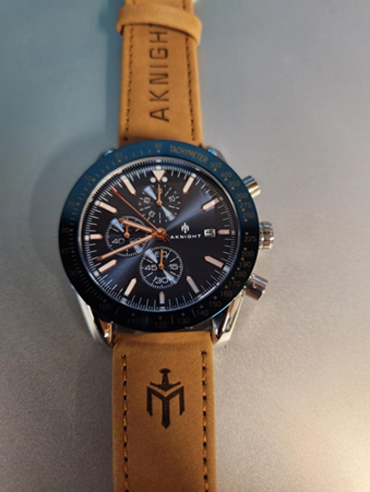 Aknight Men’s Chronograph Watch with Blue Dial and Brown Leather Strap
