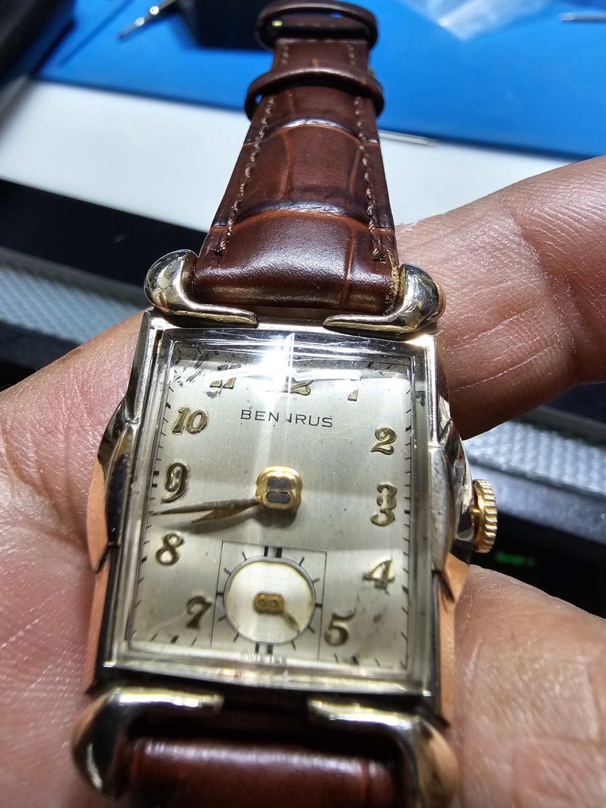Benrus Tank Vintage 1940s Manual Wind Rectangle Dress Watch Silver Dial Brown