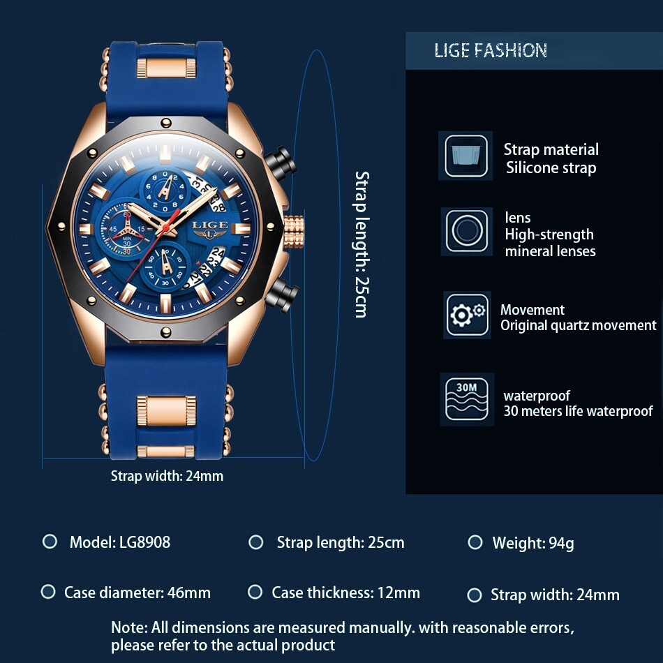 LIGE Men’s Watch Quartz Analog Luminous 3ATM Waterproof Luxury Casual Wristwatch