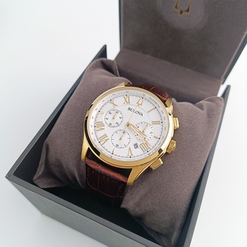 Bulova Wilton 97B169 White Dial Brown Leather Men’s Quartz Watch 46.5mm New