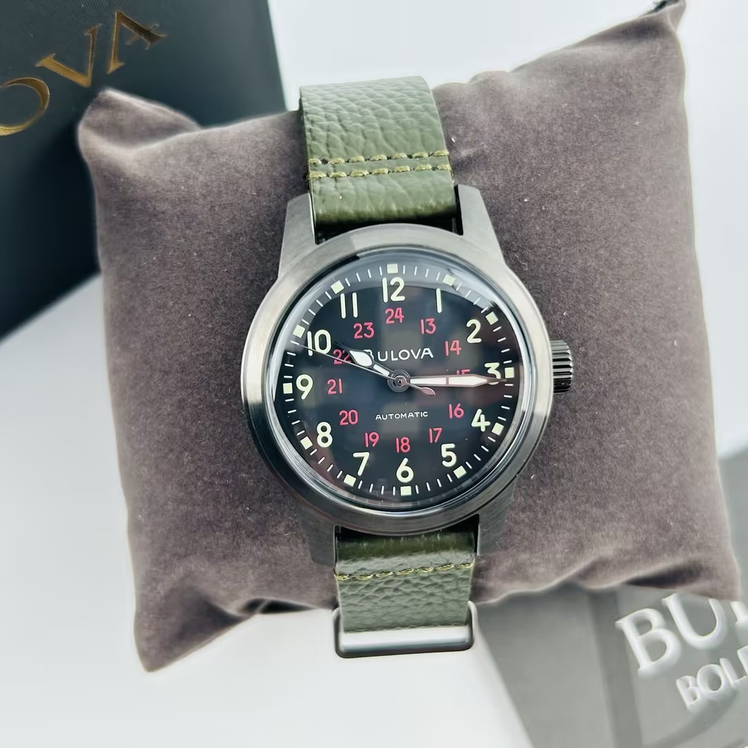 Bulova Hack 98A255 Black Dial Green Leather Strap Automatic Men’s Watch 38 mm