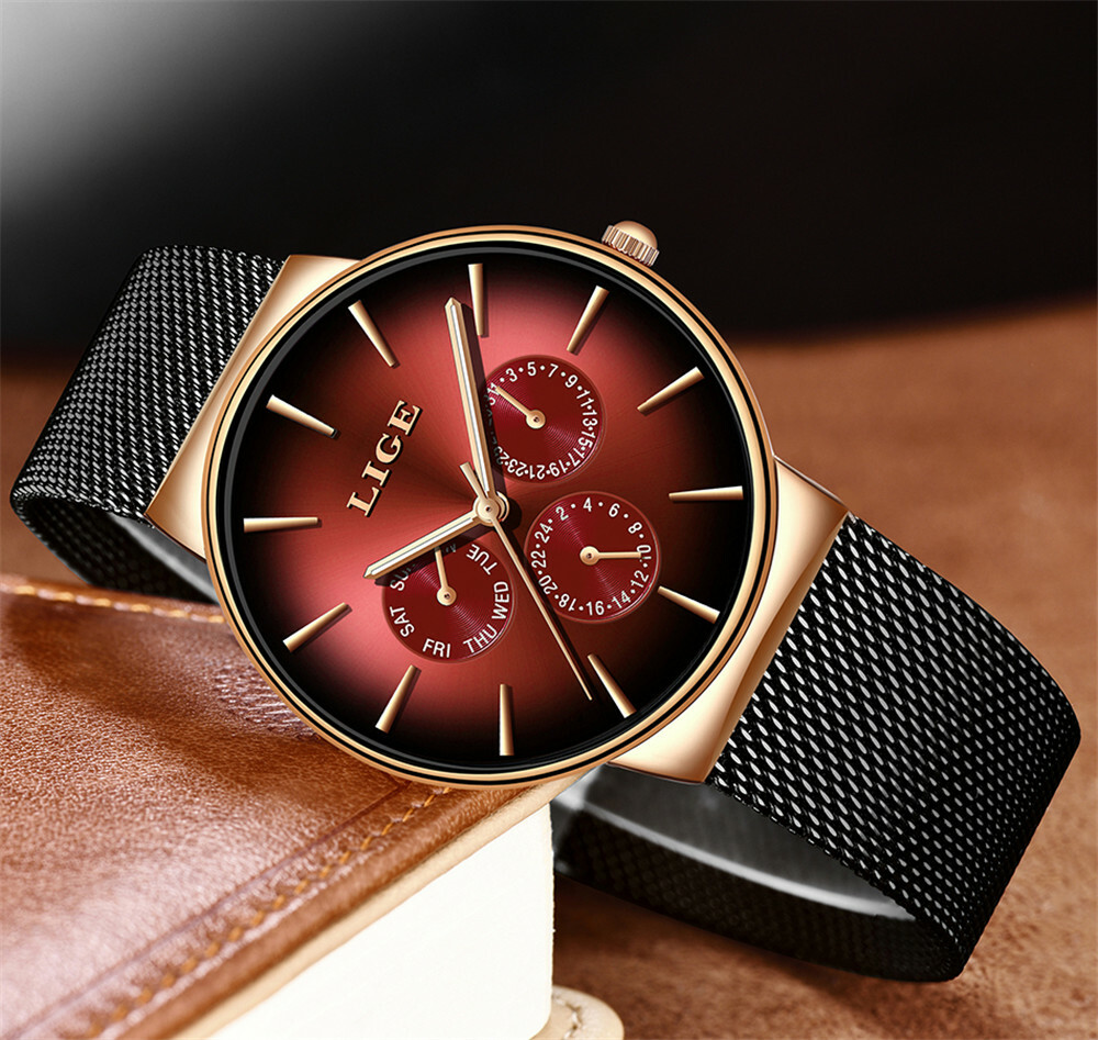 LIGE Men Watches Fashion Ultra-Thin Dial Male Business Weekdays Steel Wristwatch