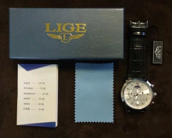 LIGE Men’s Watch Quartz Silver Chronograph Moonphase Black Leather Waterproof