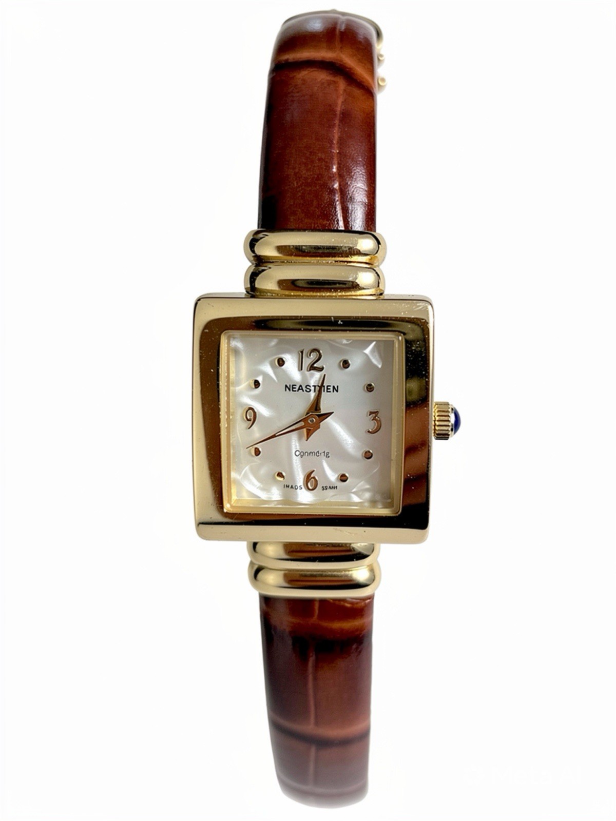 Vintage Gold Square Watch Brown Leather Mother of Pearl MOP Dial Dainty Minimal