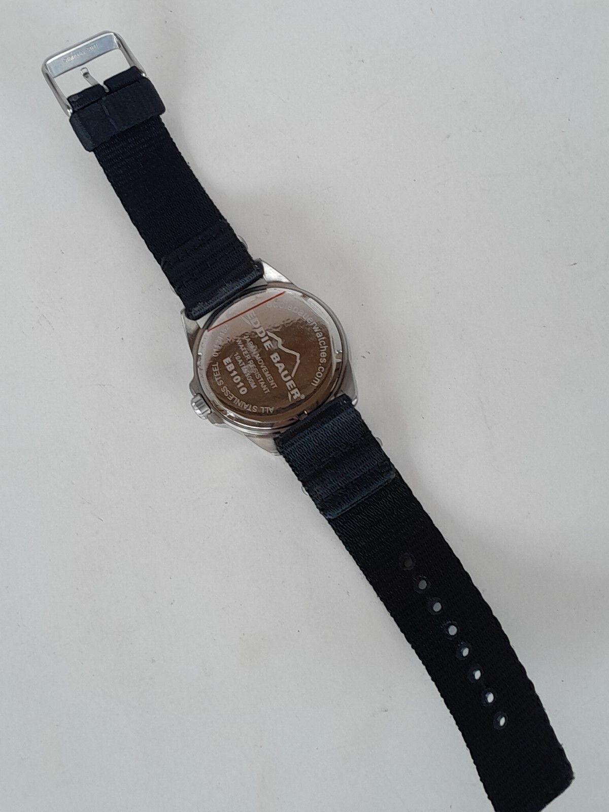 Eddie Bauer Mens Watch – Chunky Black & White Blue – Nylon Wristband 10ATM/100m