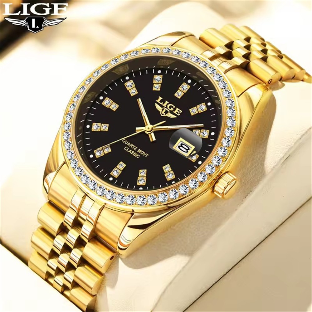 LIGE Men Quartz Watch Luxury Gold Steel Wristwatch Male Calendar Date Watches