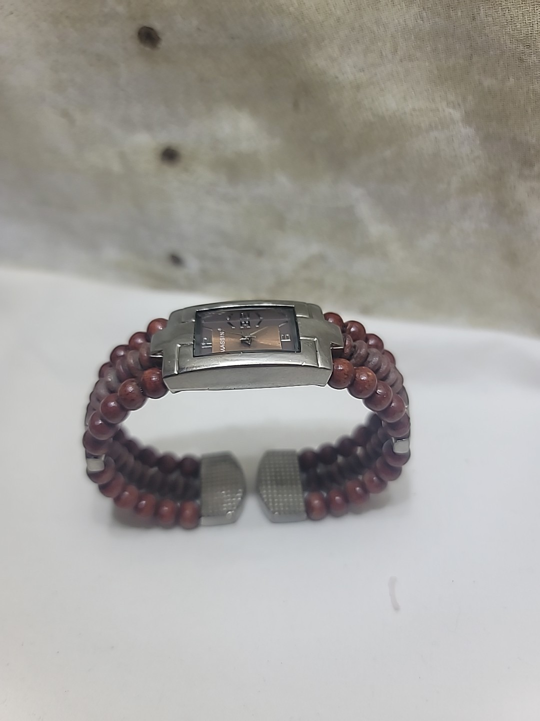 Women’s Massini Silver Tone Wooden Bead Watch BOHO Flex Cuff Bracelet Running