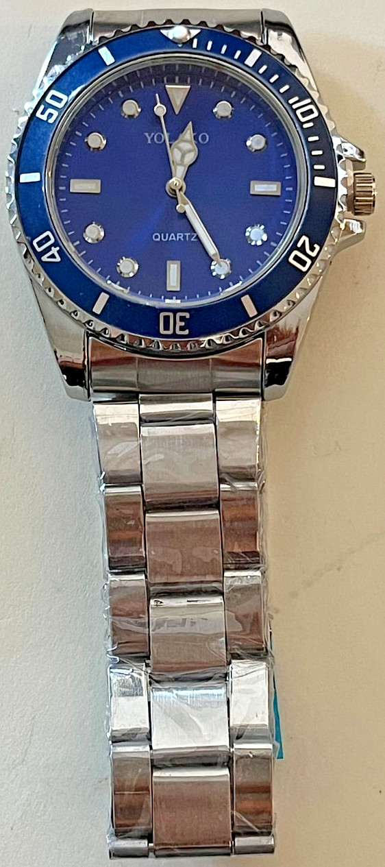YOLAKO Mens Dive Style Watch Blue Dial Rotating Bezel Silver Steel Band NEW