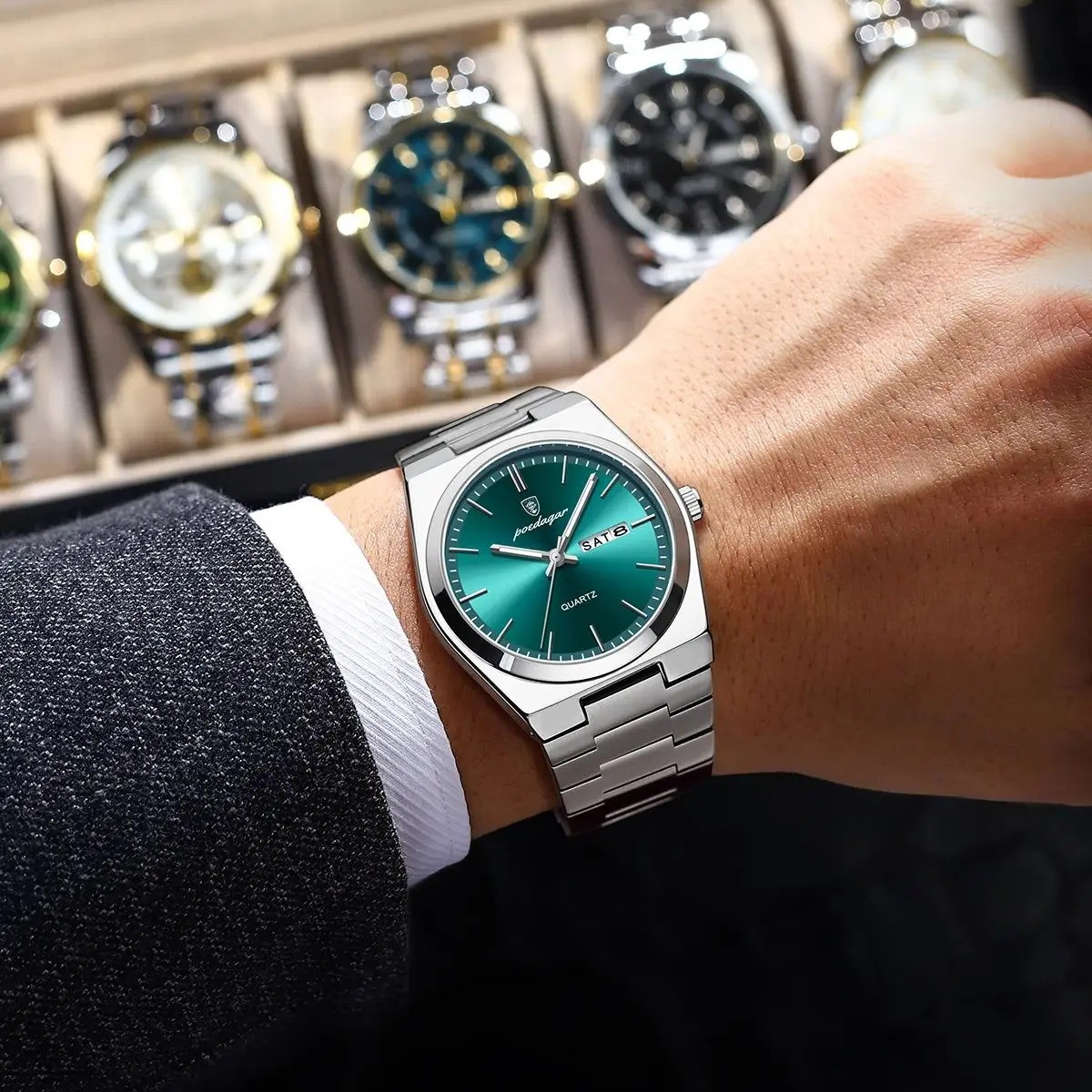 POEDAGAR Men’s Quartz Watch Stainless Steel Waterproof Day Date Luminous