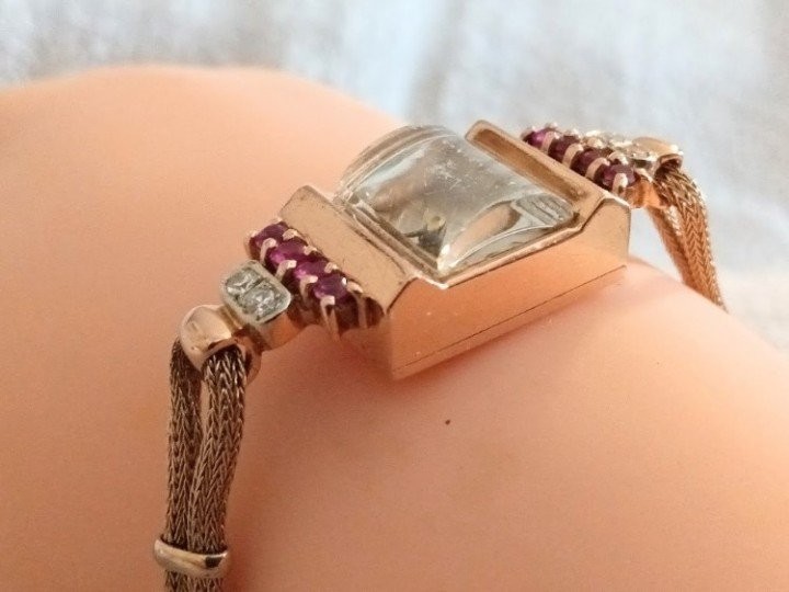 Antique Altair Hamilton 14 KT Rose Gold Ruby Diamond Ladies Wristwatch C 1930’s