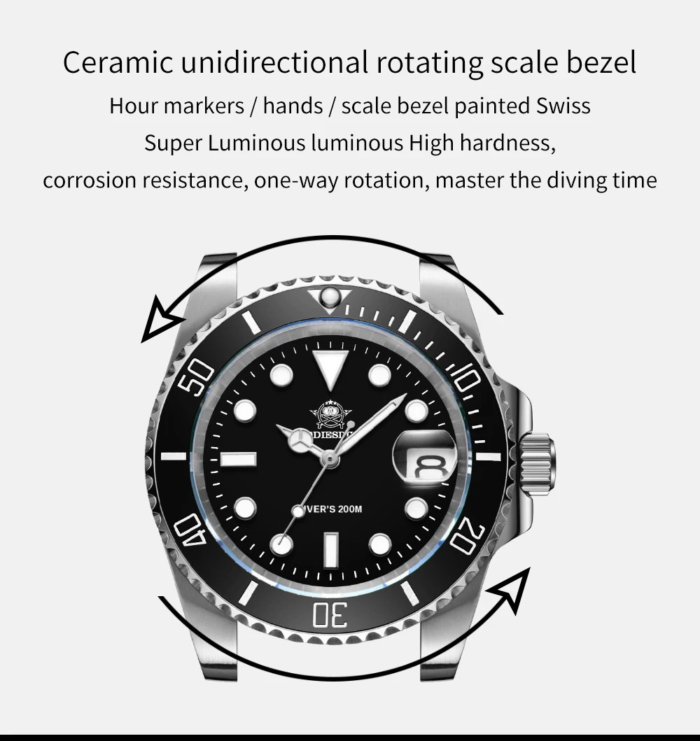 41MM ADDIESDIVE Quartz Men Watch Diver 200M Waterproof Stainless Steel Luminous