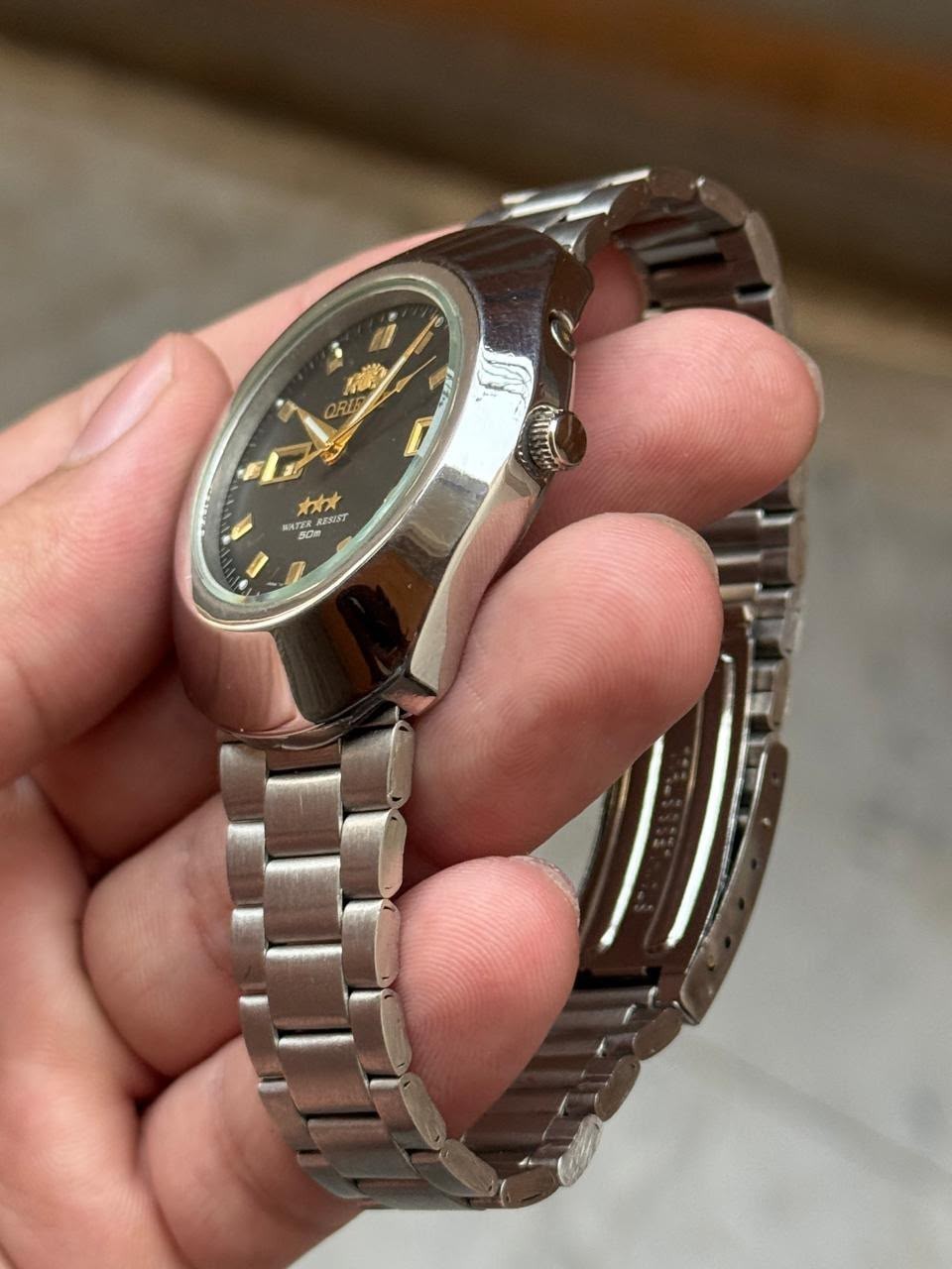 Vintage Orient 3 Star Day Date Black Dial Stainless Steel Men’s Watch