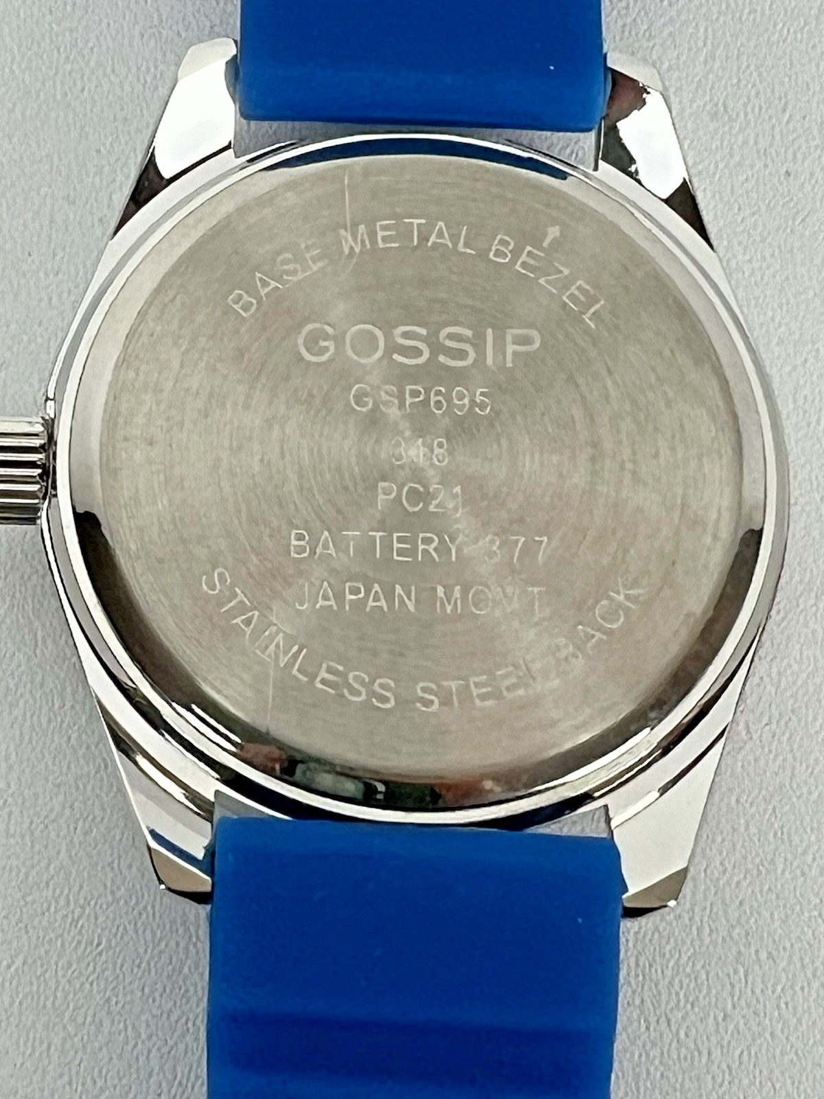 GOSSIP Blue Silicone Band Silver Tone Mother of Pearl Face w/ Crystals Quartz