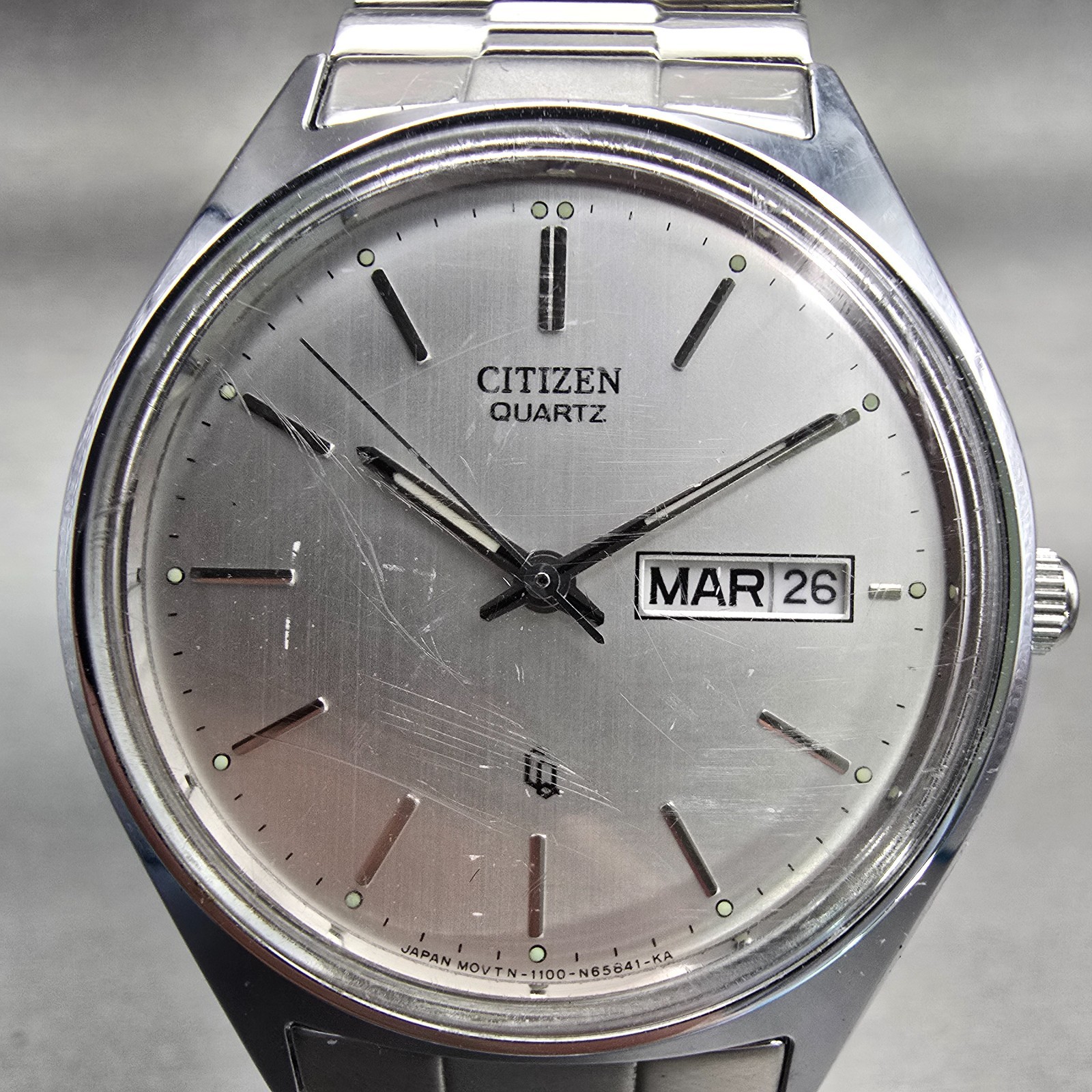 Citizen CQ Watch Men 36mm Silver Dial Silver Tone Daydate 1100-S63928 New Batt