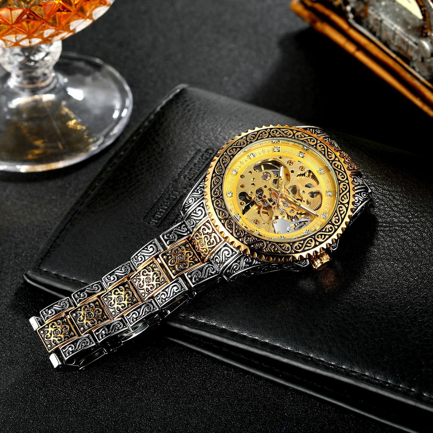 FORSINING Men’s Luxury Diamond Carved Skeleton Automatic Mechanical Wrist Watch