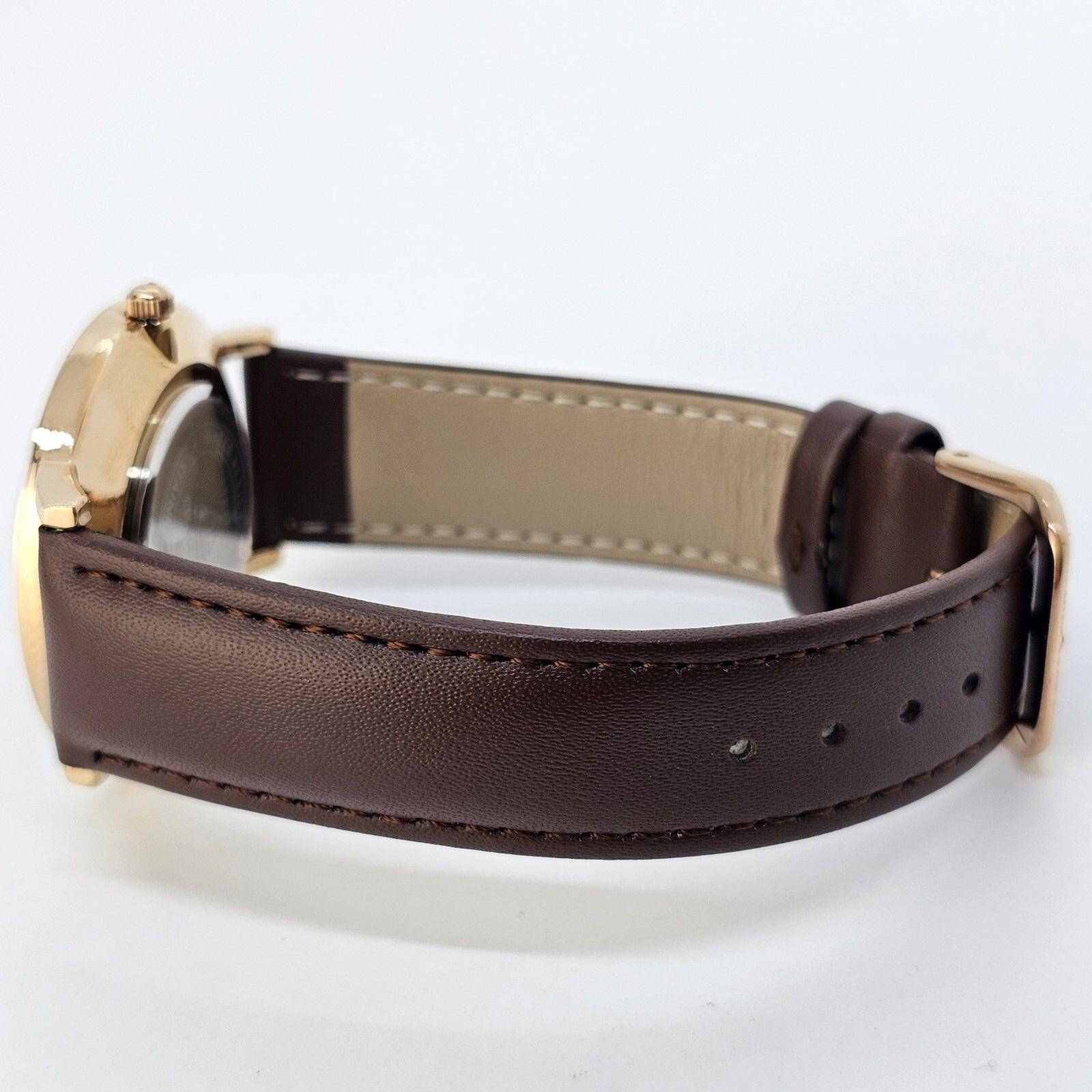 Men’s Watch 40MM Gold Case Blue Dial Brown Leather Band Straps Date Indicator