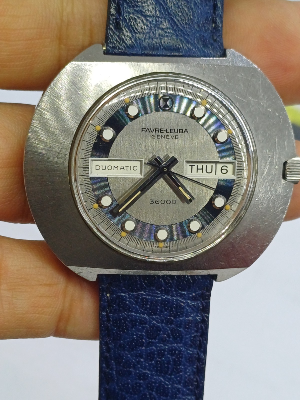 RARE FAVRE LEUBA 36000 HIGH BEAT UFO DUOMATIC MENS BLUE AUTOMATIC WATCH 45MM 21J