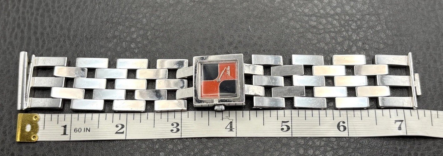 Jean Pierret Geneve Stainless Steel Square Watch Red Black Dial READ
