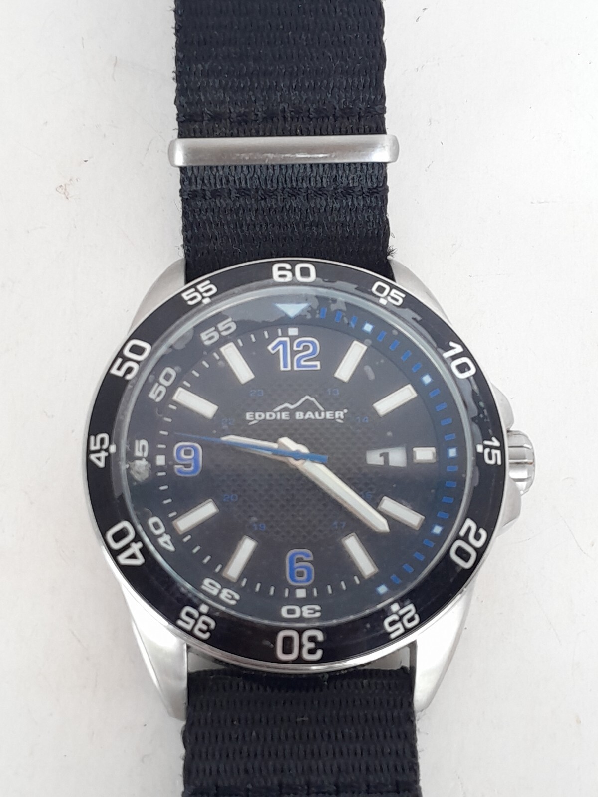 Eddie Bauer Mens Watch – Chunky Black & White Blue – Nylon Wristband 10ATM/100m