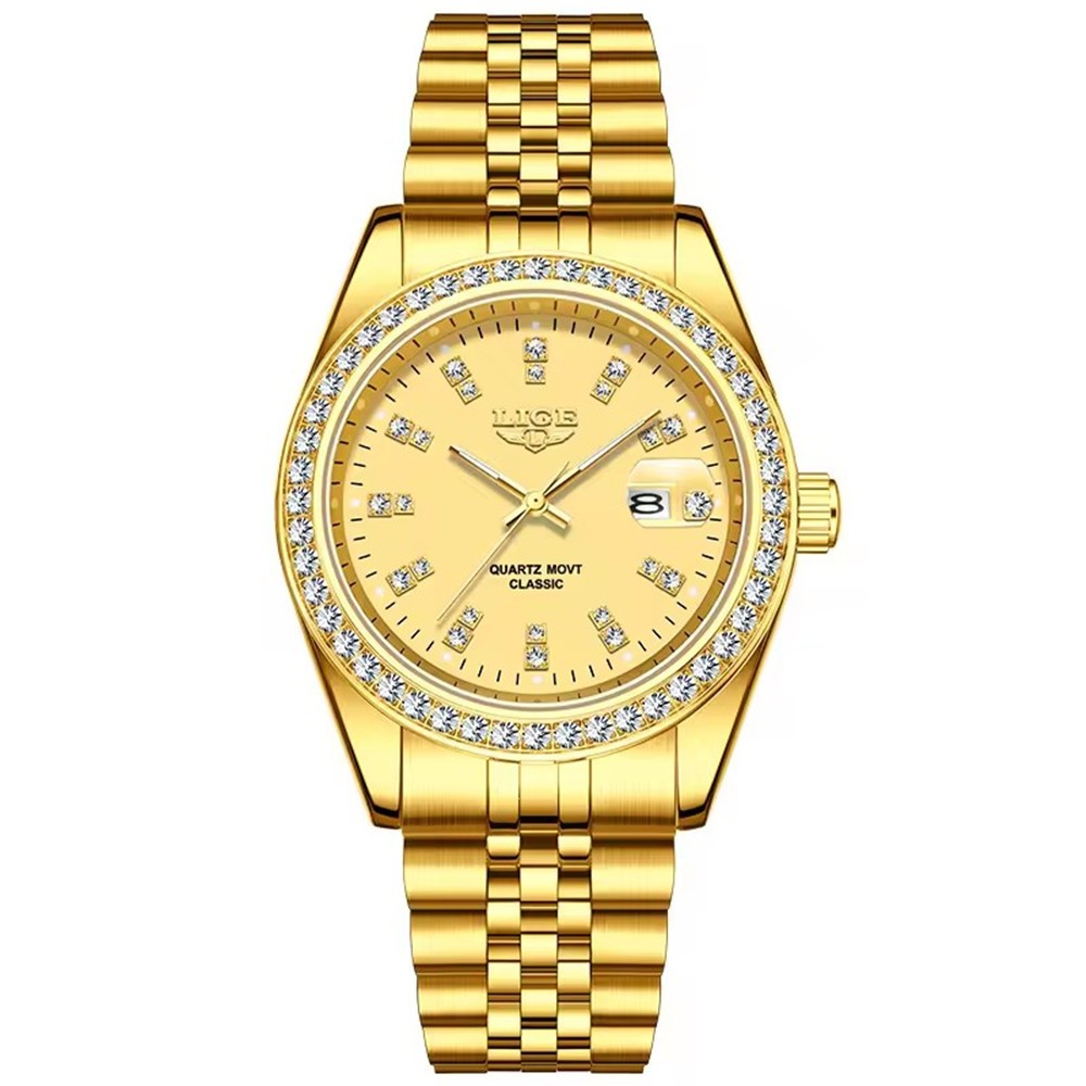LIGE Men Quartz Watch Luxury Gold Steel Wristwatch Male Calendar Date Watches