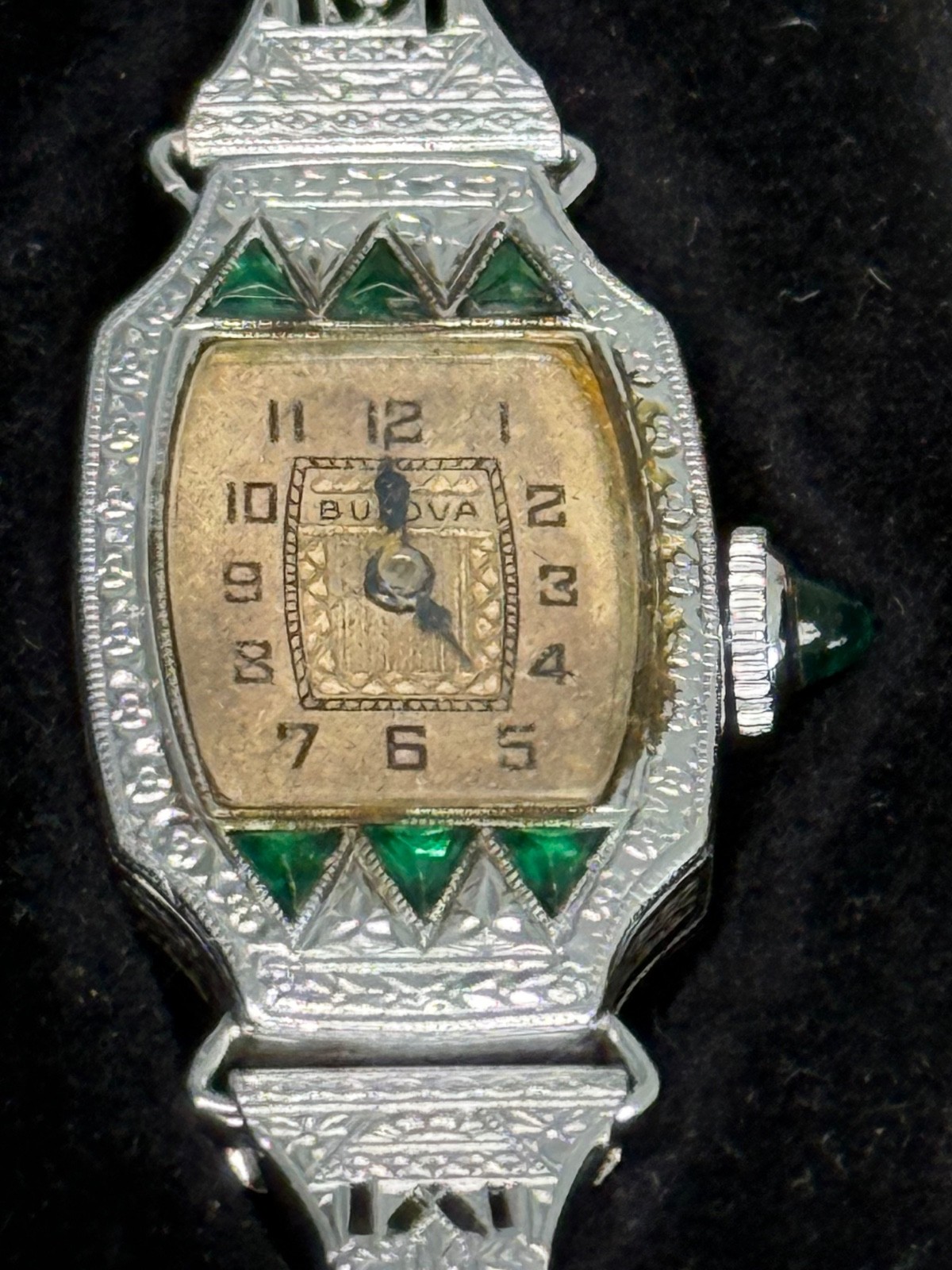 Vintage 1929 Ladies Bulova “Miss Liberty” wristwatch with emeralds