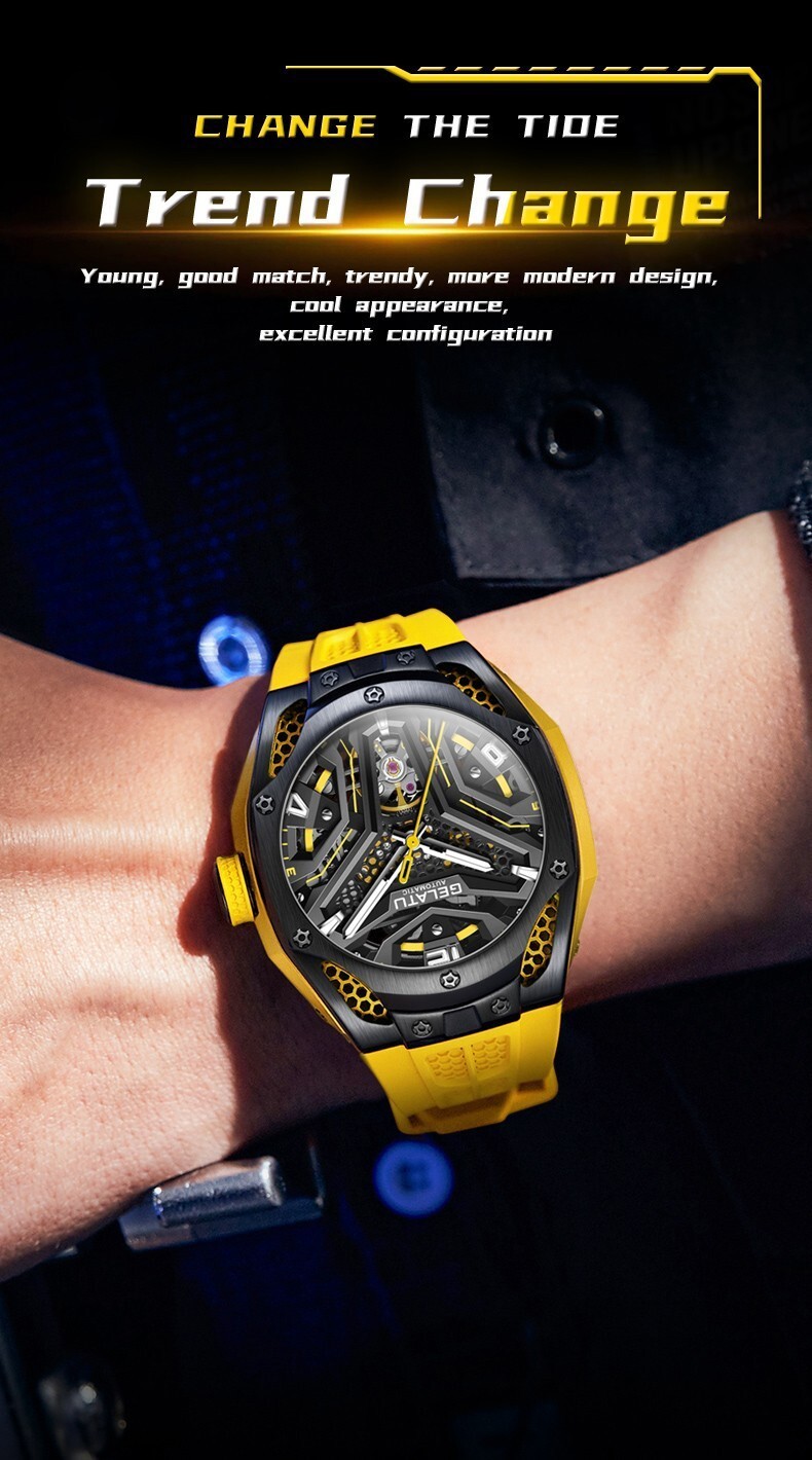 GELATU Men’s Skeleton Sport Automatic Mechanical Watch 5ATM Luminous Wristwatch