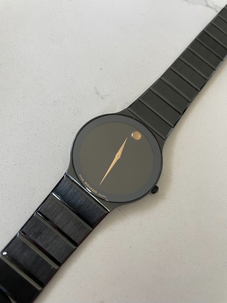 1990s Movado Museum Ultra Thin Black PVD Quartz Watch w/ Box, ref. 84-40-880-A