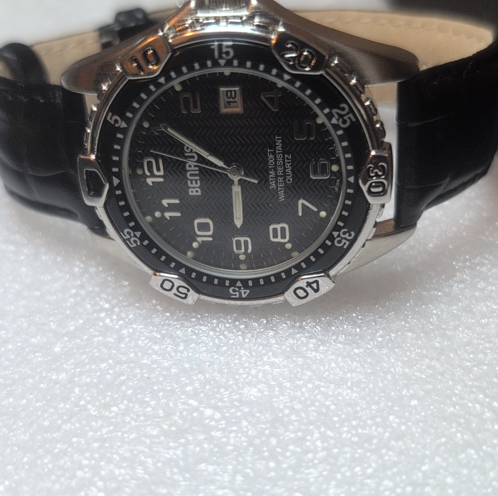 Benrus Men’s Quartz Wristwatch Black Dial Water Resistant Leather Band