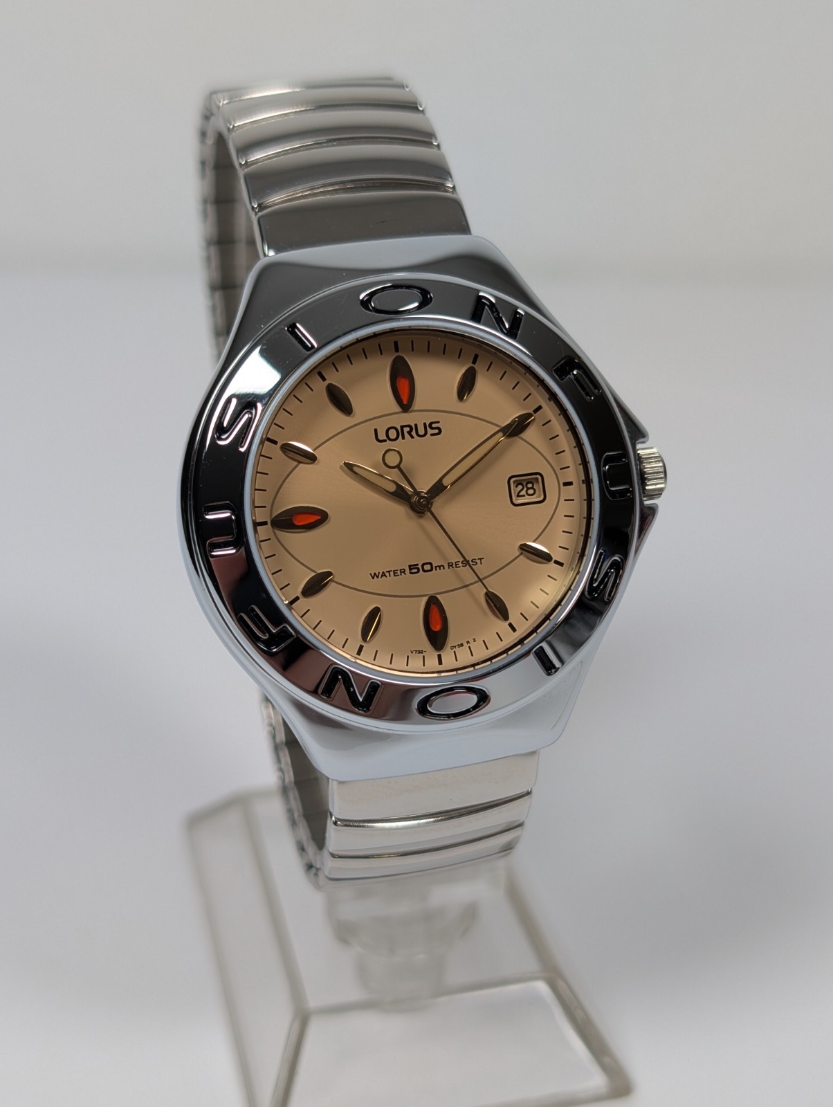 Vtg NOS Lorus Fusion Watch CHROME Amber Crystal 37mm Y2k NEW BATTERY V732-0L20