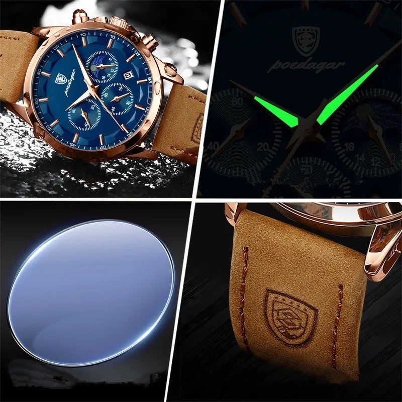 Luxury Chronograph Men’s Watch Leather Strap Quartz Waterproof Business Wristwat
