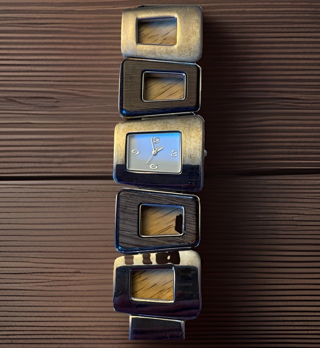 Wrist Watch Vintage Retro Wood And Metal Geometric Shape 1970’s Look New Battery