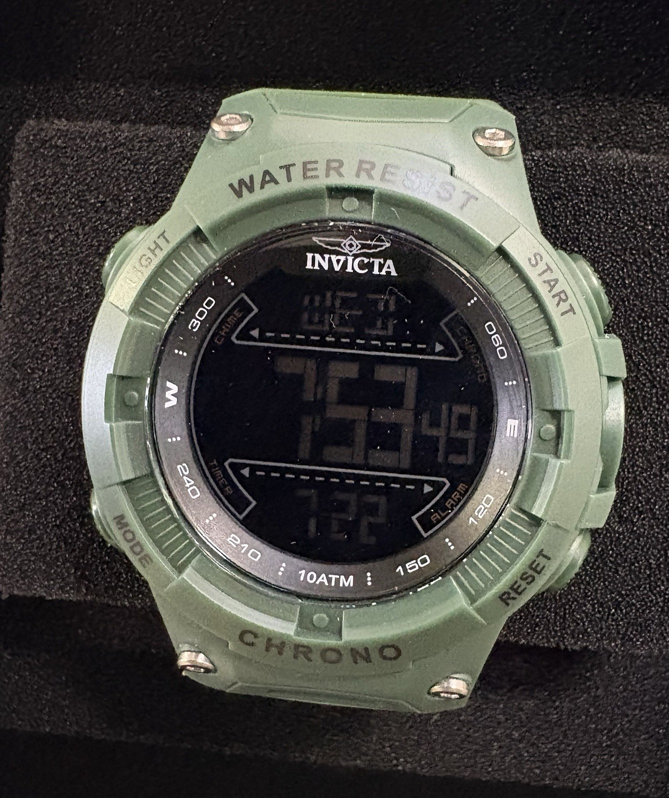 Invicta Chrono Digital Quartz Watch Green Resin Strap 100m Water Resist Box