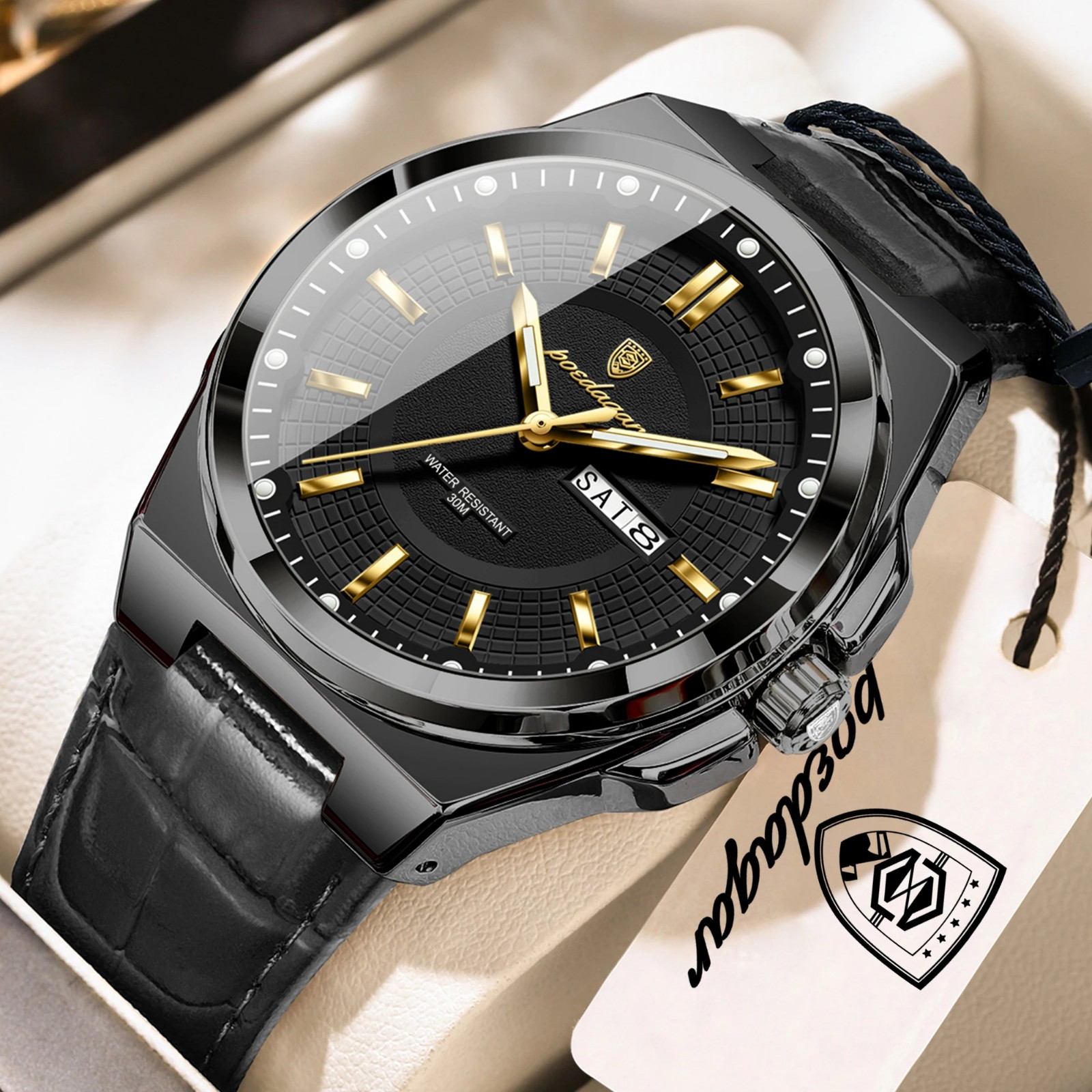 POEDAGAR Men’s Watch Waterproof Luminous Date Week Quartz Leather Business Watch