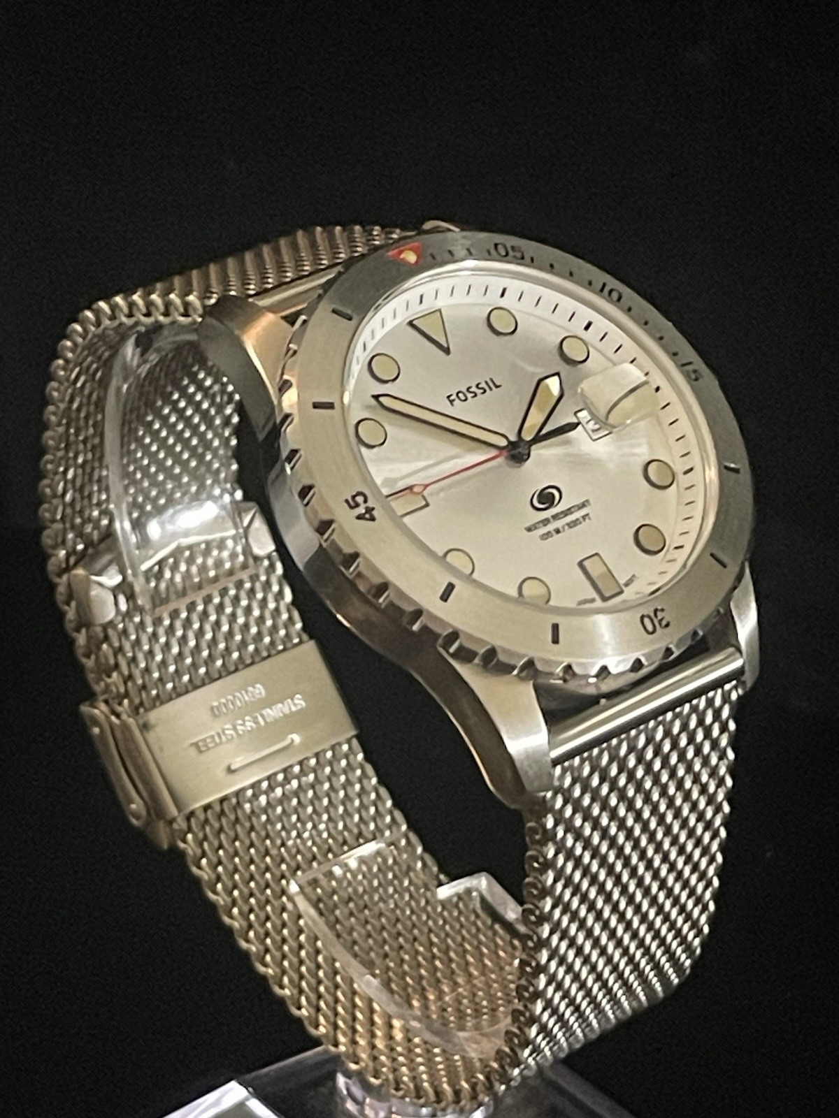 Fossil FS5948 Blue Diver Silver Sunburst Mesh Watch 100M NOS Box Tag Quartz 42mm