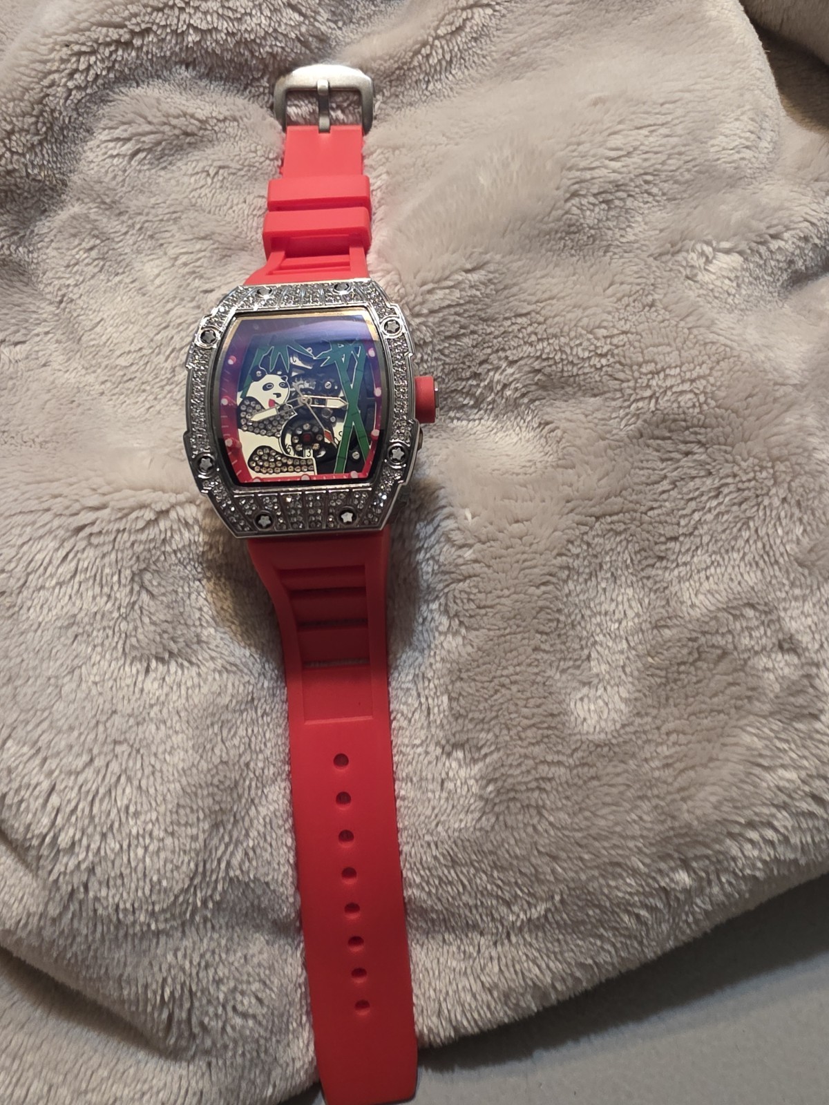 Cartoon Tonneau Analog Quartz Wristwatch 12-Hour Multicolor Dial Red Strap