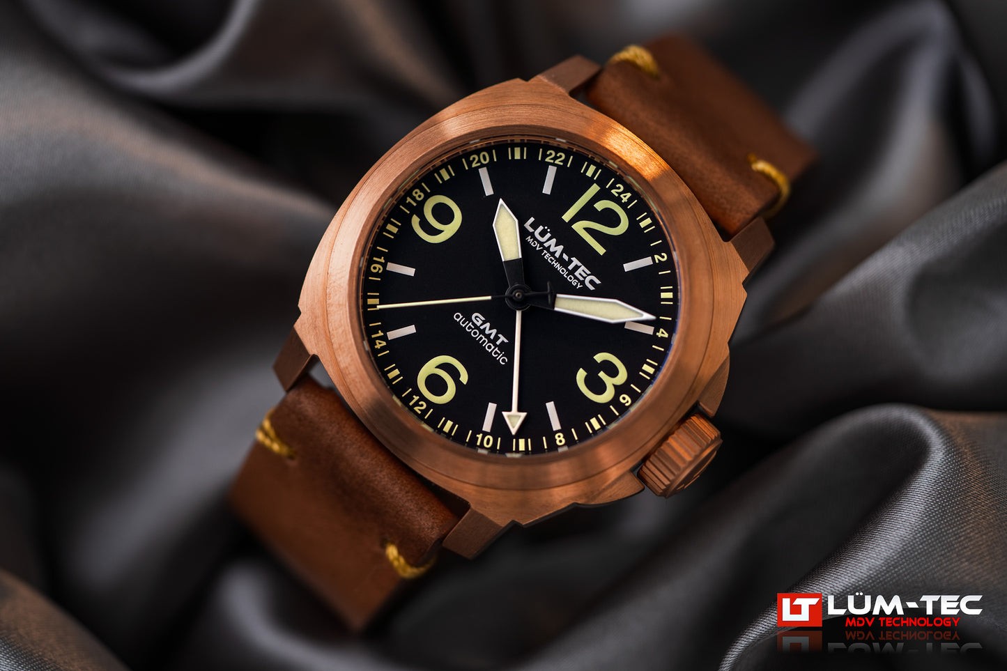 Lum-Tec M94 Bronze NO Date GMT Mens Automatic Watch 44mm Solid CuSn8 Bronze Case