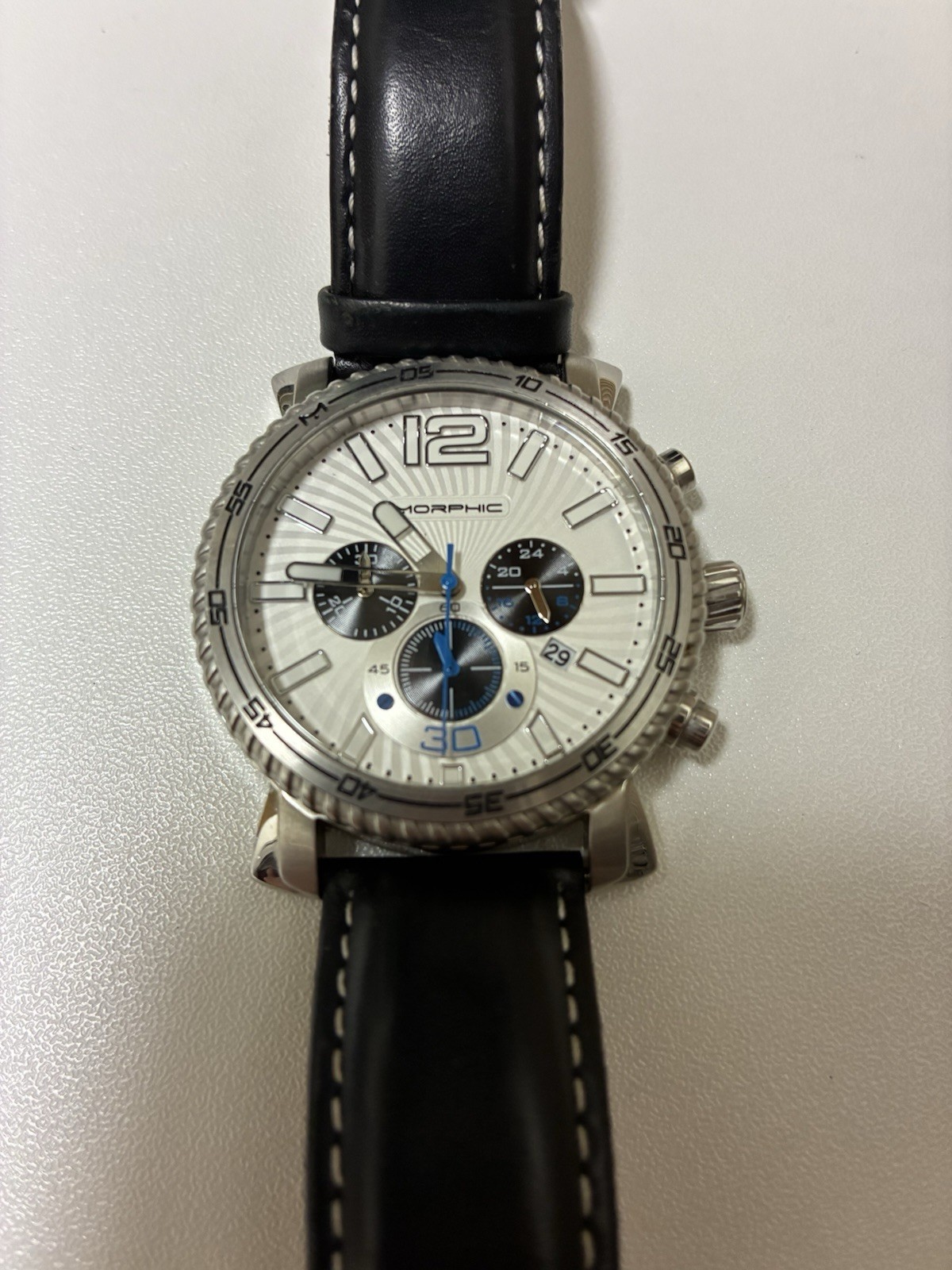 Morphic Men’s Quartz Chronograph Date Watch 50M Silver Dial Black Leather