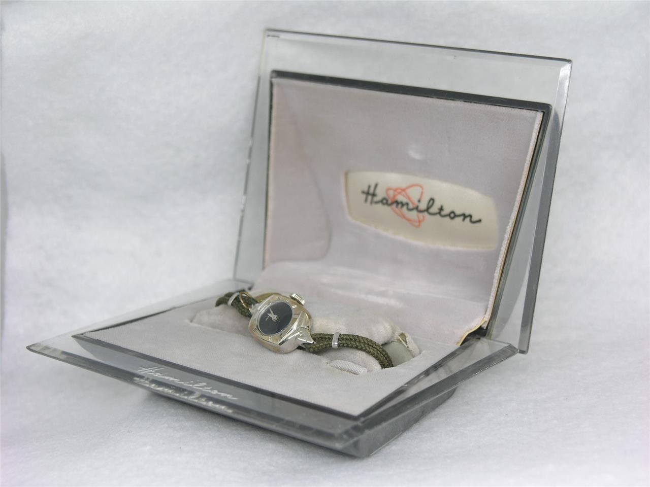 MID-CENTURY 1950’S 10K WHITE GOLD FILL HAMILTON WATCH W/ ATOMIC BOX, RUNNING!