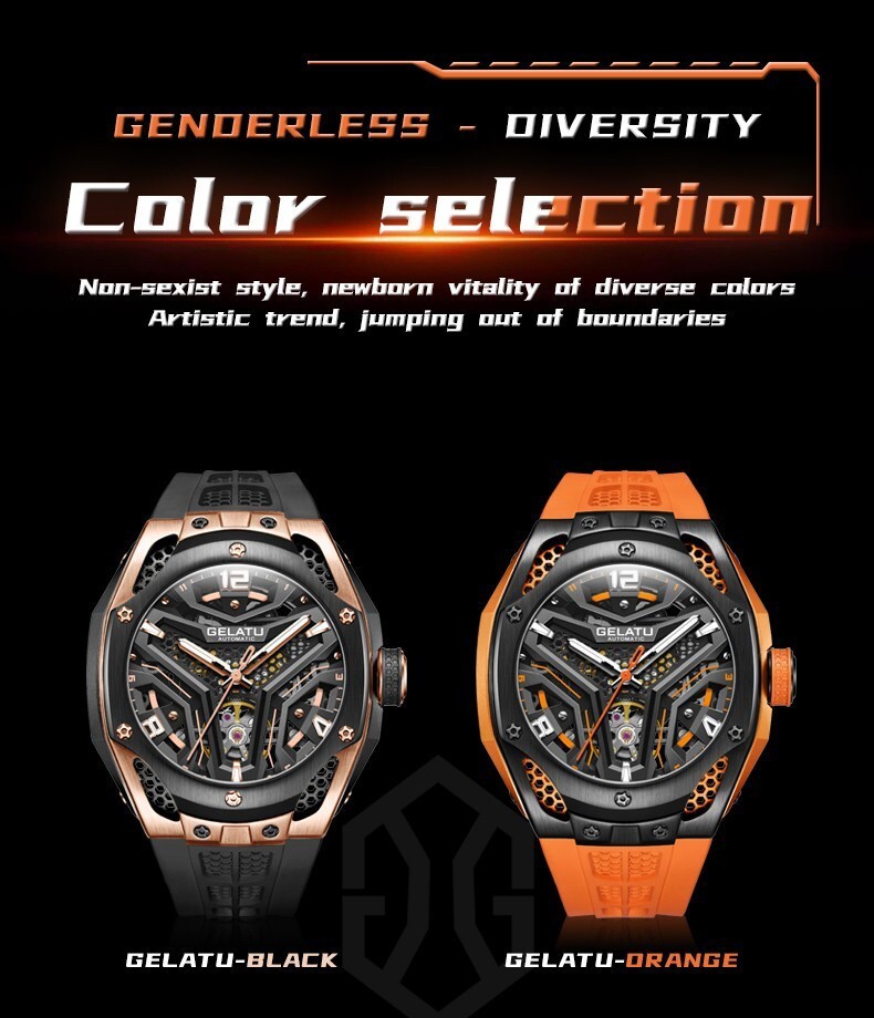 GELATU Men’s Skeleton Sport Automatic Mechanical Watch 5ATM Luminous Wristwatch