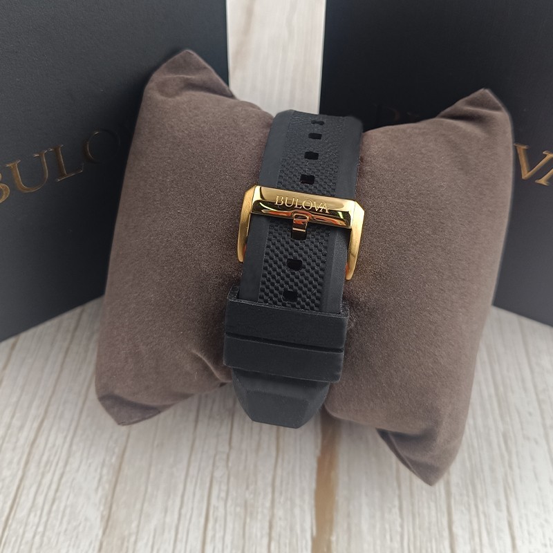 Bulova Marine Star A Automatic Black Gold Dial Black Strap Men Watch 45mm 98A272