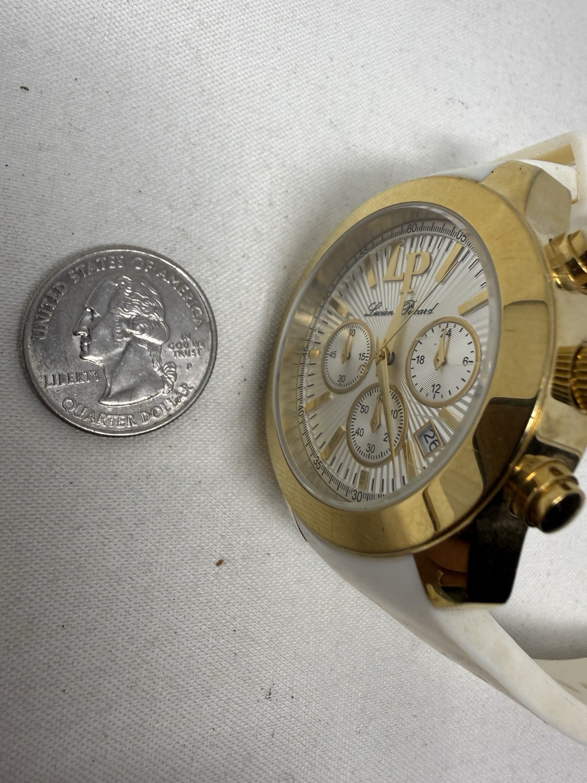 Lucien Piccard LP Chronograph Watch White Dial Silicone Strap Runs New Battery
