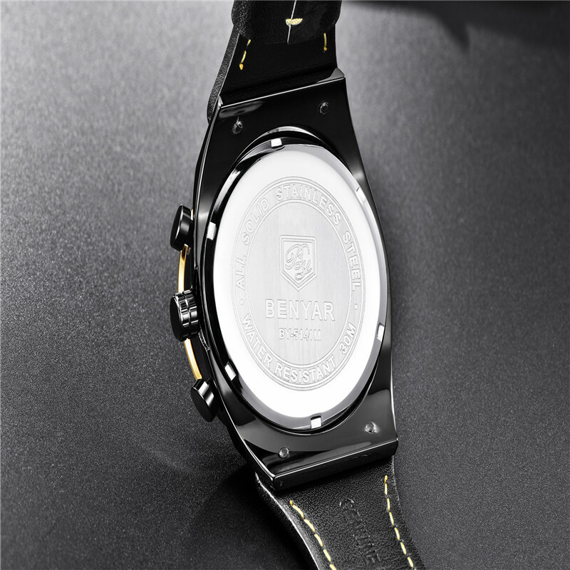 Luxury BENYAR 5141M Men Quartz Watch Chronograph Date Waterproof Rubber Leather