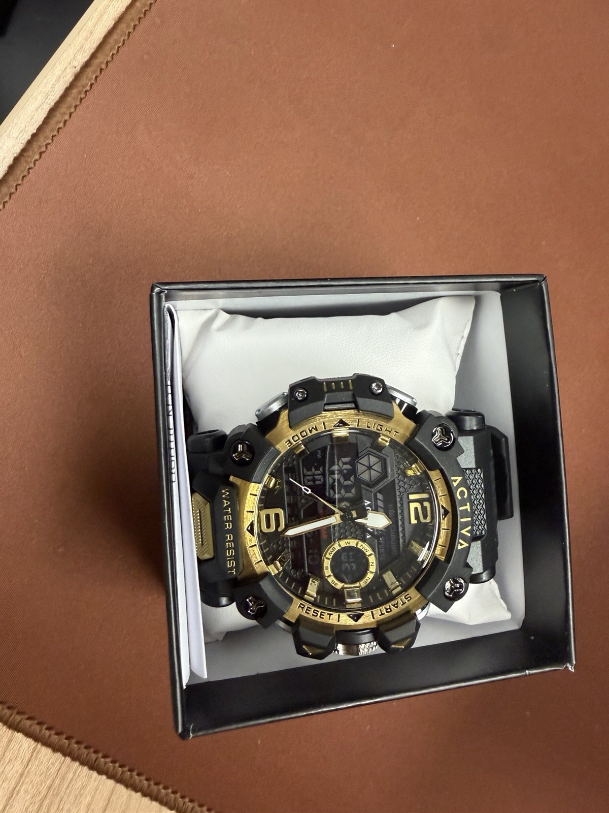 Activa Men’s Analog-Digital Quartz 3ATM Water Resistant Black/Gold Sport Box