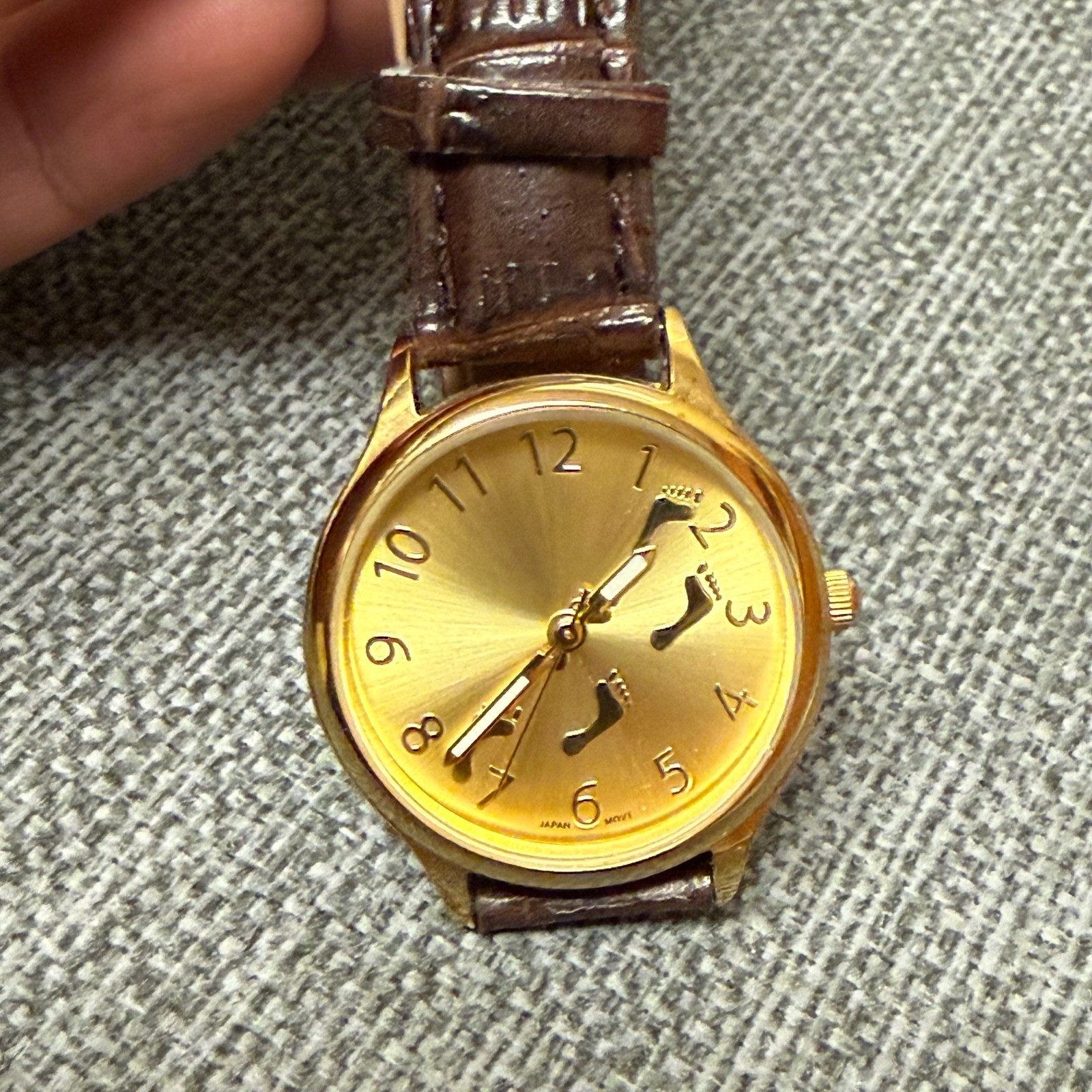 Footprints in the Sand Gold Tone Watch Brown Croc Strap Japan Movt works