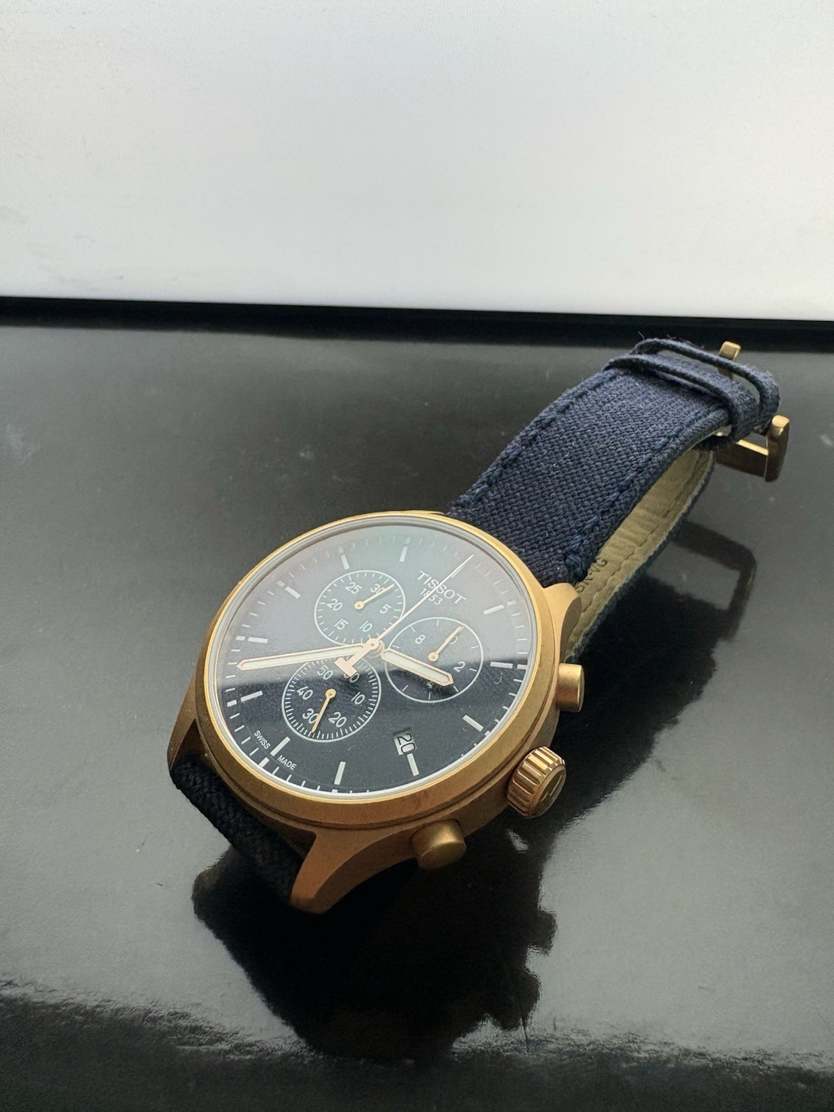 Tissot Chrono XL Blue Dial Chronograph Quartz 45mm 100m Gold Case Fabric