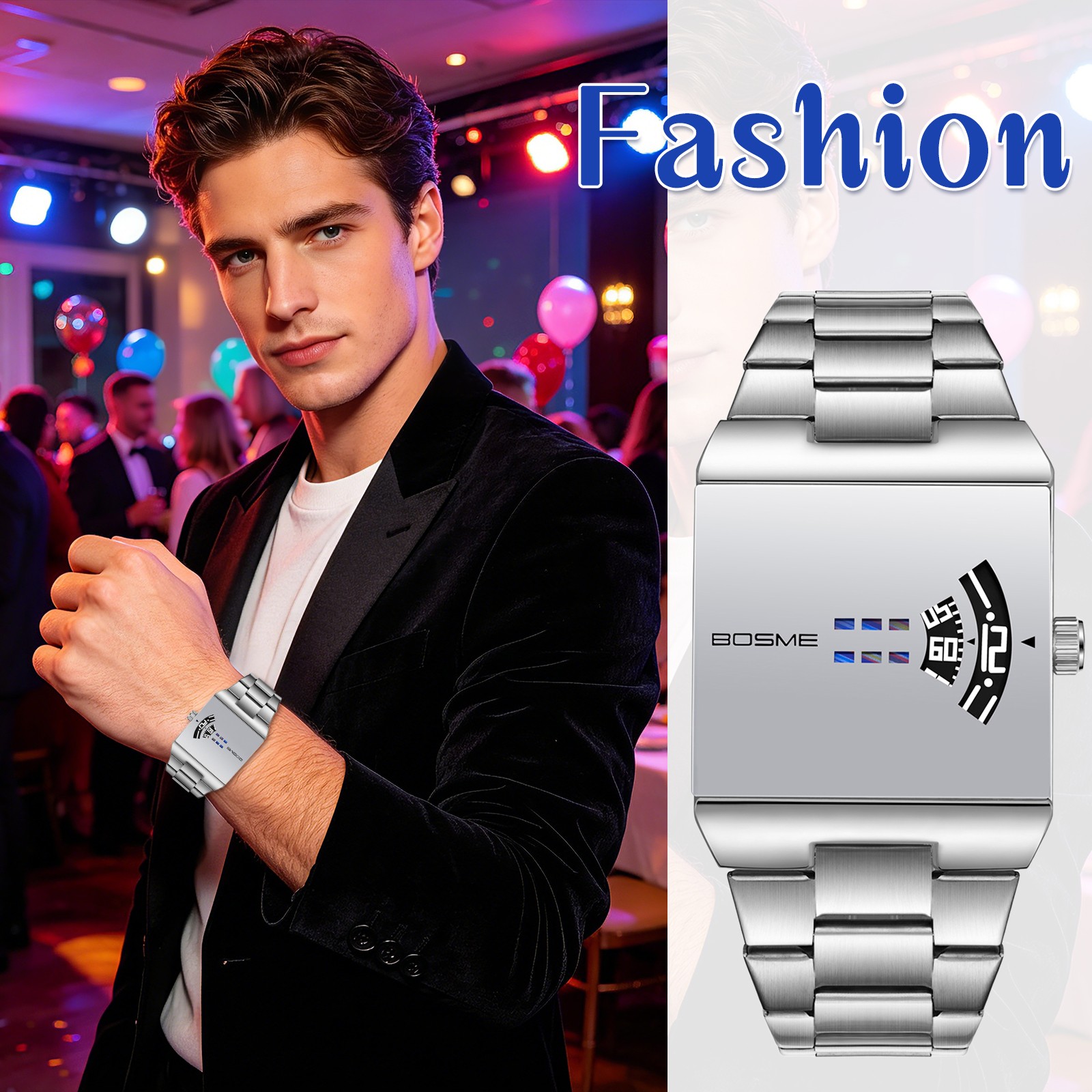 Mens Business Square Dial Creaitve No-Hand Jumping Hour Display Watch