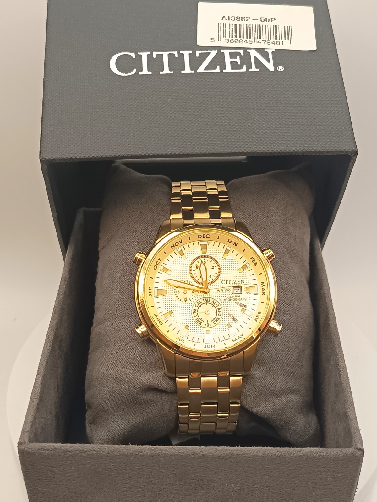 Citizen AI3882-50P Alarm Chronograph WR100 Gold Tone NOS Full Set Box & Papers